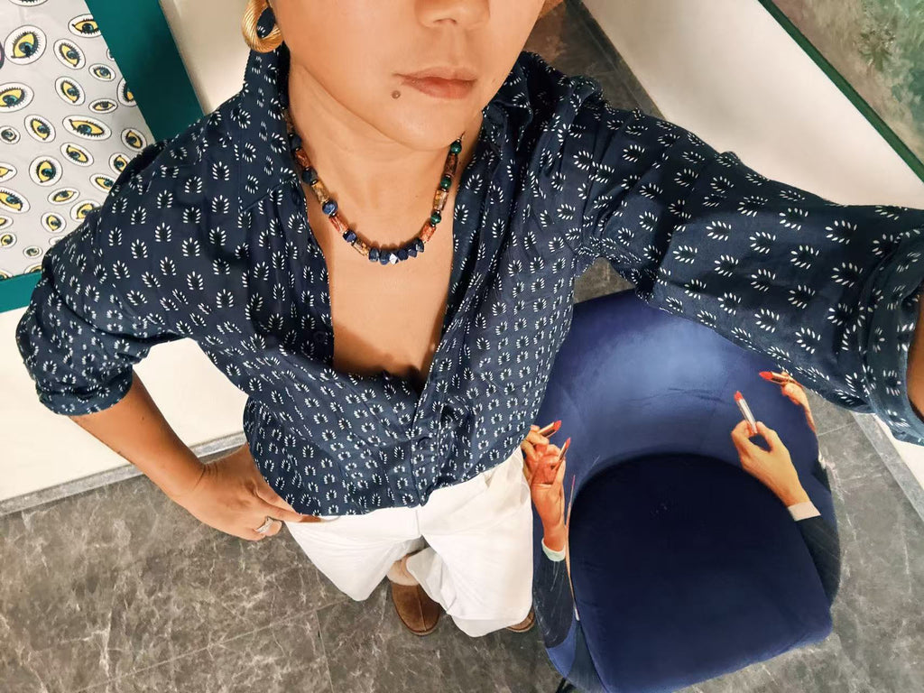 Mixed Lapis Strand Necklace styled on body image 1 42f25951f4de256b39cbfec52153df89.jpg