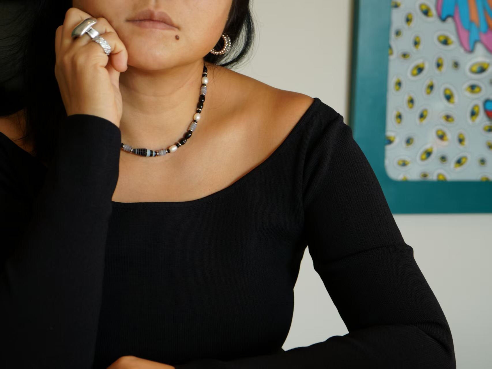 Labradorite Halo Necklace styled on body