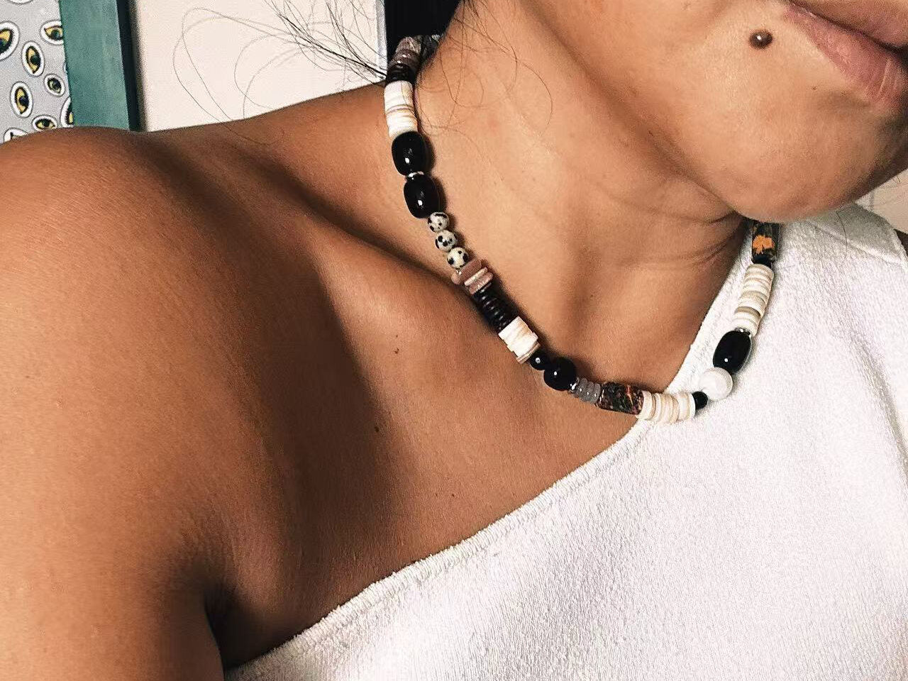 Blue Lace Silver Necklace styled on body