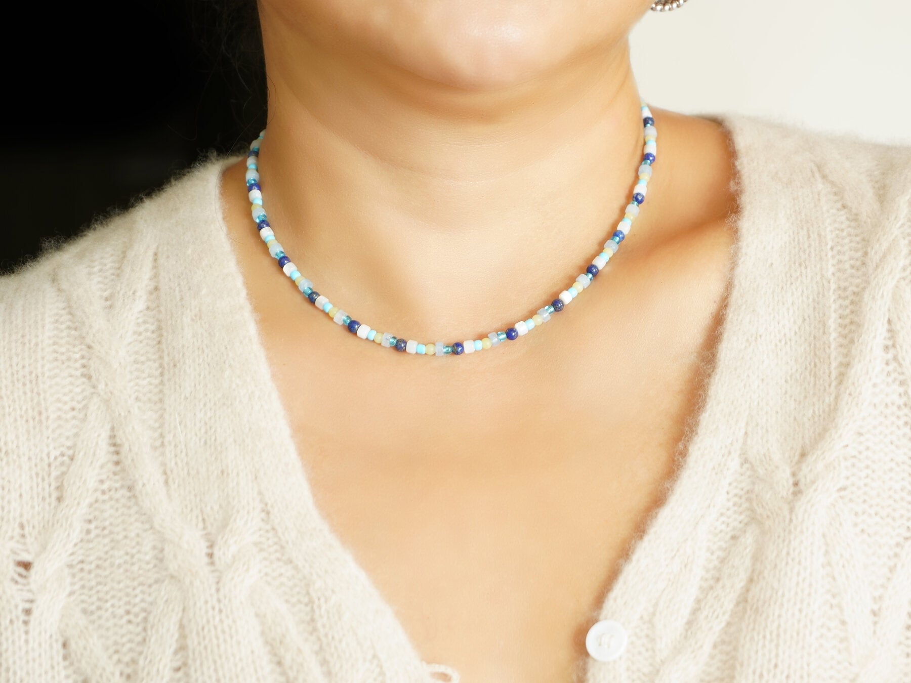 KOKONUT turquoise and lapis bead necklace worn close up